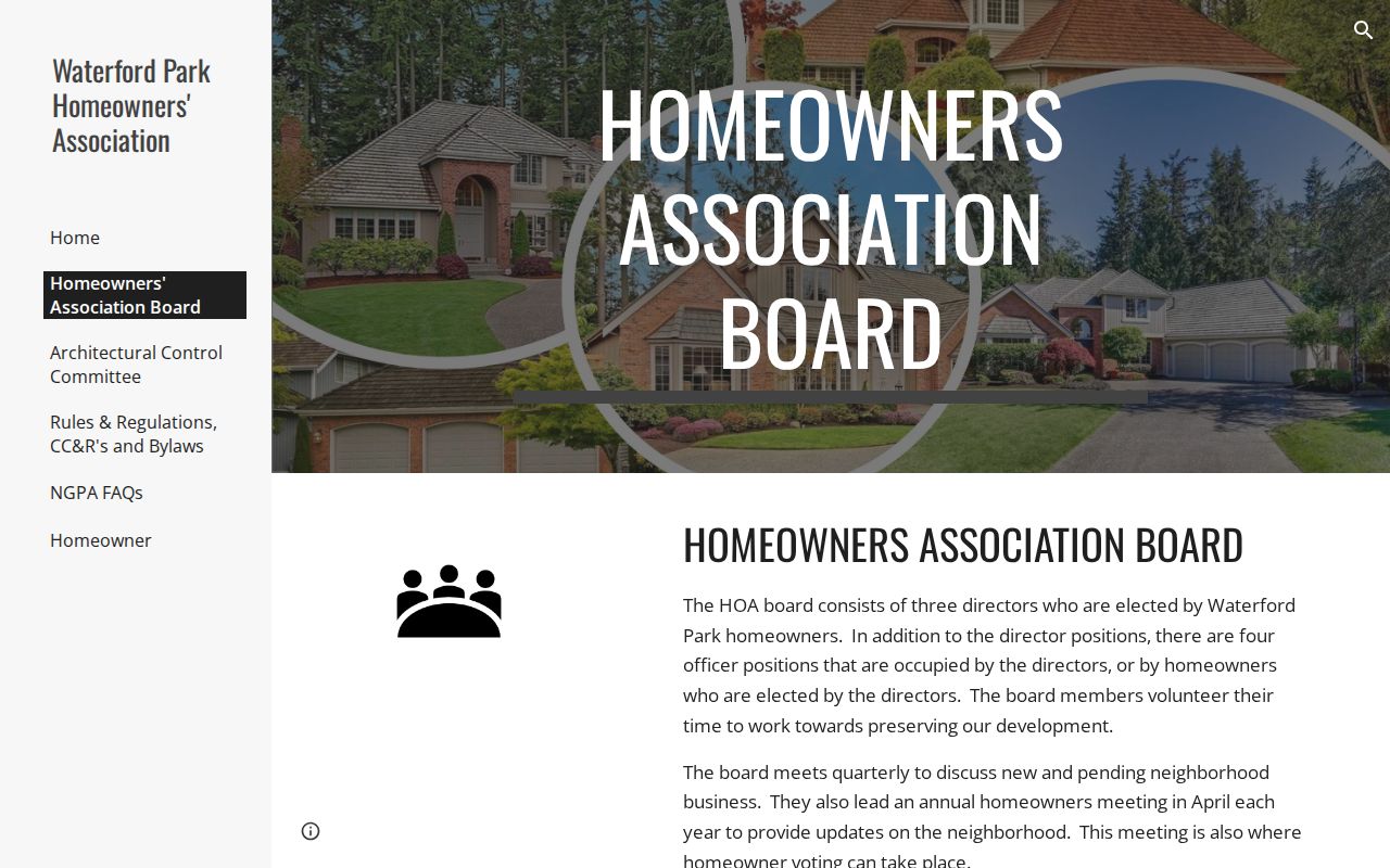 Waterford Park Mukilteo homeowners association board contact page